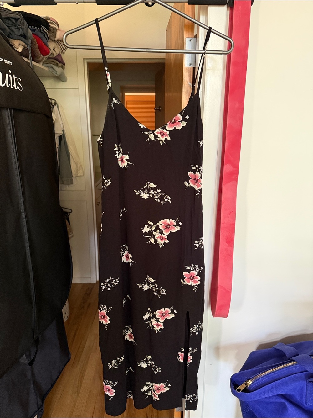 Black Floral Slip Midi Dress with side slit and Pink Accents Size Small Tall